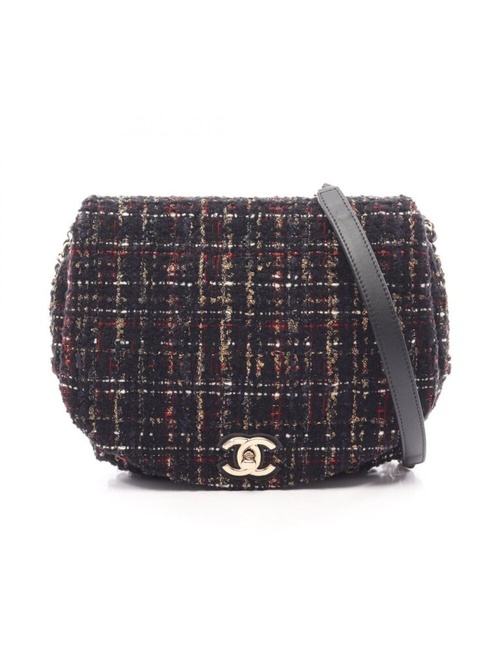 Chanel Shoulder Bag CC Logo Black Multicolor Fabric Leather Round Flap Chain